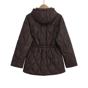 Women's long hooded quilted jacket in dark brown with a cinched waist and wavy stitching