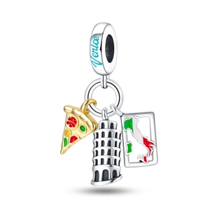 Detail of Italy themed charms with leaning tower of Pisa, gold pizza, and Italy map