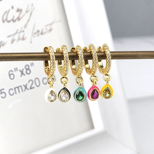 Five-piece gold hoop earrings set with colorful teardrop zircons and enamel accents