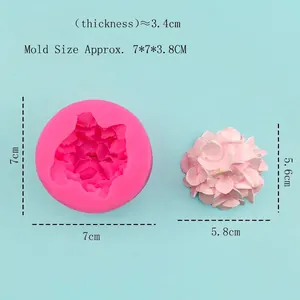 Detailed pink hydrangea silicone mold and finished resin flower with dimensions