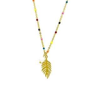 Golden leaf and pearl necklace with multi-colored beads on a minimalist thin chain