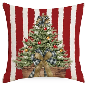 Christmas pillow cover with festive red stripes and hand-painted tree for home sofa decor