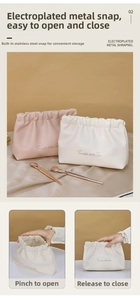 Detail of automatic closure mechanism on PU leather makeup pouch for easy access