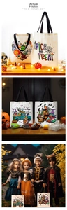 Detail view of large Halloween canvas bags with trick or treat pumpkin and gnome prints