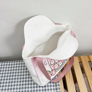 Pink rabbit pattern canvas tote bag with large capacity and internal zipper pocket