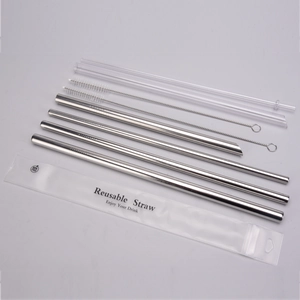 Reusable stainless steel and glass straws set with cleaning brushes and portable carry pouch