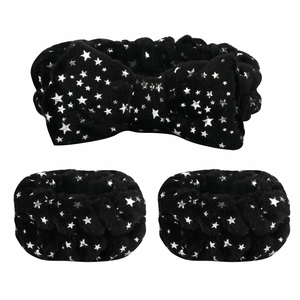 Three-piece black plush headband set with silver stars for facial cleansing and spa