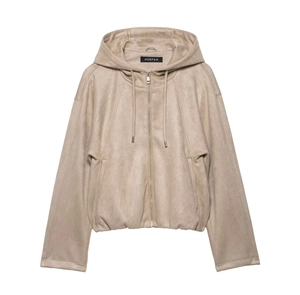Close-up of suede texture hooded bomber jacket with metallic zipper and drawstring