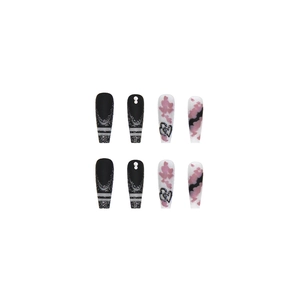 Long ballet press-on nails with black glitter, pink marble texture and heart designs