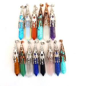 Collection of sixteen hexagonal crystal pendant necklaces in various natural stones and colors