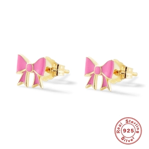 S925 sterling silver bow stud earrings featuring pink enamel and gold plating detail