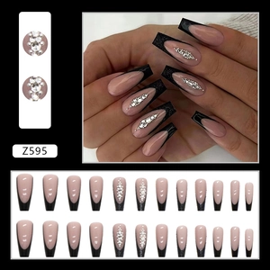 Faux ongles ballerine noirs style French avec strass brillants lot de 24