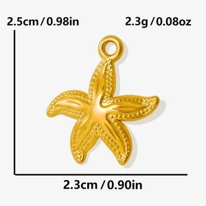 Detail of a 304 stainless steel starfish pendant in gold showing size and weight specs