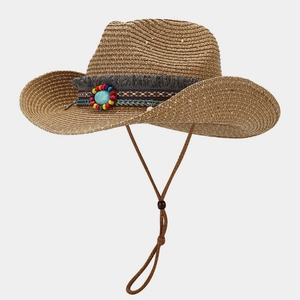 Straw Cowboy Hat Ethnic Bohemian Sequin Turquoise Bead Tassel Decoration Summer Breathable Sun Protection Beach Outdoor For Women