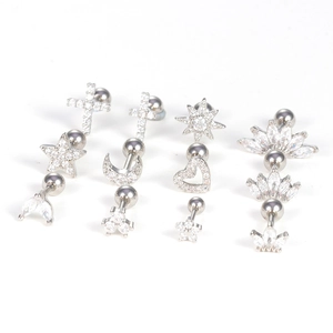 Stainless steel stud earring set with zircon star cross and heart shapes for cartilage piercing