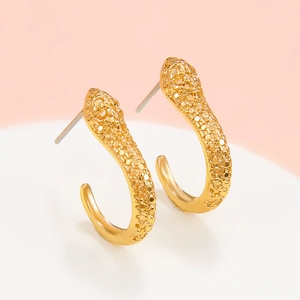 Vintage golden snake-shaped C-curve hoop earrings with scale texture for women