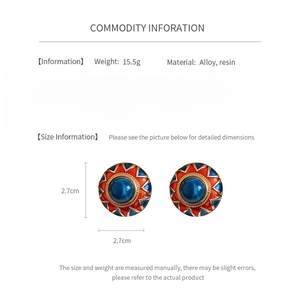 Detail view of vintage enamel round earrings with dimensions and material specifications
