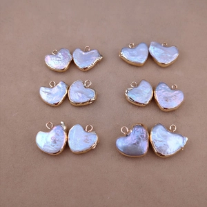 Golden heart-shaped baroque pearl pendants with rainbow luster for jewelry making