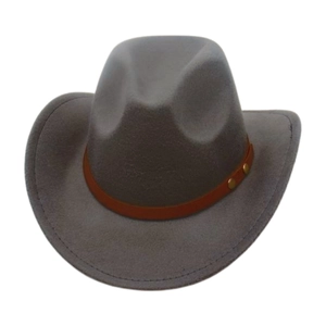 Detail of grey western cowboy hat featuring brown leather band with gold metal studs