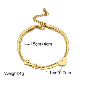 Double-layer 18K gold plated chain bracelet with heart pendant and Love inscription
