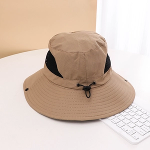 Detail of khaki outdoor sun hat featuring breathable mesh top and adjustable chin strap