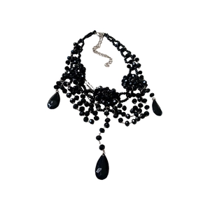 Gothic multilayer black beaded necklace with teardrop pendants and faceted crystals
