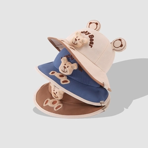 Toddler bucket hat set with bear ears and Lucky Bear embroidery in cream blue and brown