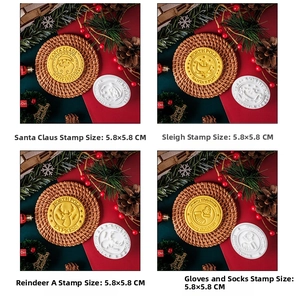 Detail of Christmas cookie stamps including Santa, Sled, Reindeer, and North Pole Mittens