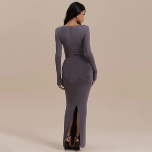 Slim fit long sleeve floor-length dress in dark purple with sexy back slit detail