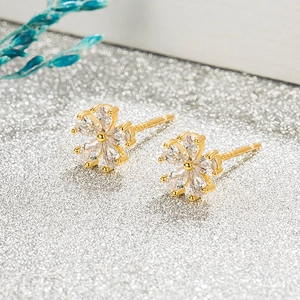 Elegant gold five-petal flower stud earrings with sparkling zircons and S925 silver needles