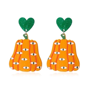 Halloween acrylic pumpkin earrings with green glitter hearts and spooky eye patterns