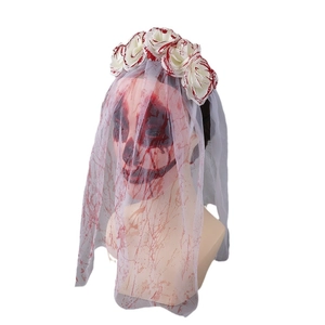 Ghost bride Halloween headband with blood-stained veil and white roses for party