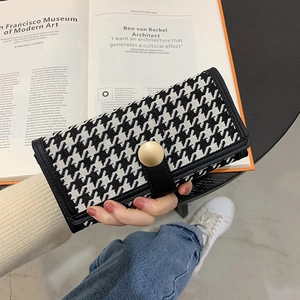 Hounds-tooth Pattern Long Wallet Women Elegant Vintage Fabric Clutch Purse With Round Gold Button And Leather Edging