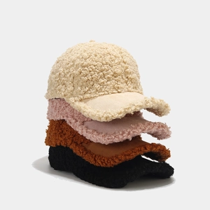 Women Baseball Cap Lamb Wool Teddy Velvet Winter Warm Windproof Outdoor Peaked Hat Faux Suede Brim Minimalist Adjustable