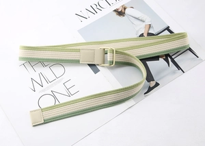 Detail of green and beige striped canvas belt with double D-ring buckle on a magazine