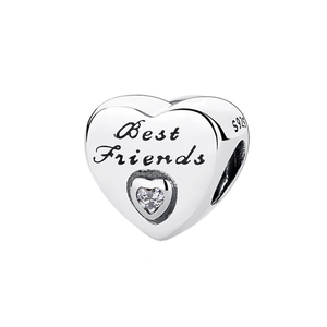 Detailed view of S925 sterling silver heart charm with Best Friends engraving and crystals