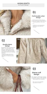 Close-up of beige faux fur coat highlighting lapel collar and plush fabric texture
