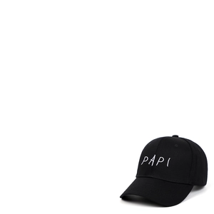 Classic black cotton baseball cap with white PAPI script embroidery on a curved brim