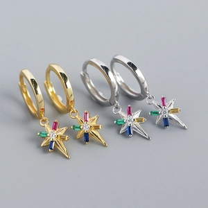 925 Sterling Silver Star Hoop Earrings Colorful Zirconia Octagram Dangle Minimalist Fashion Jewelry For Women