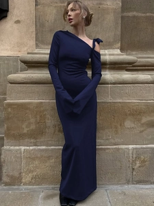 Robe Maxi Asymétrique Manches Longues Détail Nœud Fente Haute Coupe Ajustée Polyester Spandex Soirée Élégant Bleu Marine
