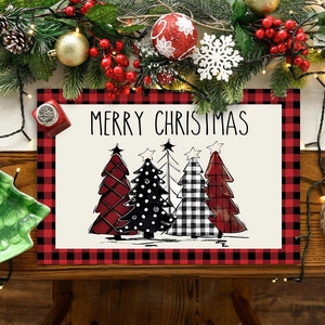 Christmas Placemat Polyester Heat Resistant Table Mat Buffalo Plaid Christmas Tree Print Holiday Dining Decor