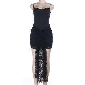 Elegant black strapless mini dress with tiered lace hem and long floral hollow tail detail