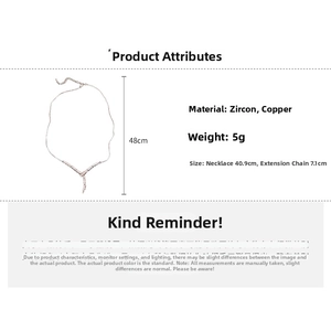 Detailed size specifications for zircon V-shape copper necklace with 48cm total length