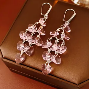 Pink crystal heart tassel earrings with silver plated cubic zirconia hooks for women