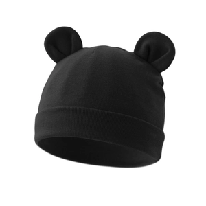 Detail of black infant knit hat with Mickey ears and ribbed texture soft cotton fabric