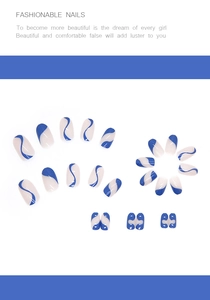 Detail view of 24pcs round head press-on nails with blue wave patterns on white base