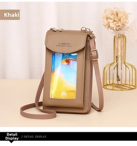 Detail of khaki PU leather mobile phone bag with transparent touch screen window