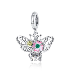Silver bee charm with hollow wings, faceted zircon body and pink enamel flower accent