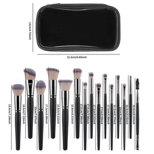 Detailed size chart for 15-piece makeup brush set with black waterproof storage bag