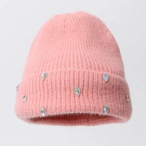 Women Knitted Beanie Hat Faux Mink Plush Warm Elastic With Colorful Teardrop Rhinestones Winter Solid Color Elegant
